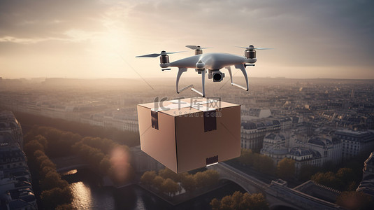 巴黎背景图片_载有货物的商用无人机在 3D 渲染中飞越巴黎