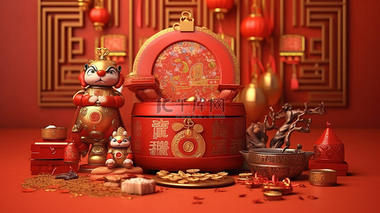 卡通3鱼鱼背景图片_祝你来年好运可爱的 3D 渲染中国新年
