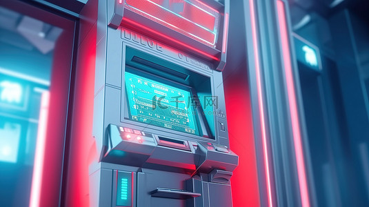 银行安装的 ATM 机的特写 3D 渲染，用于信用卡现金交易