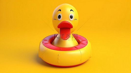 3D 渲染迷人的黄鸭吉祥物，在充满活力的黄色背景上带有救生圈