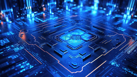 未来电路板背景图片_采用未来蓝色发光二进制技术的 3D 渲染电路板