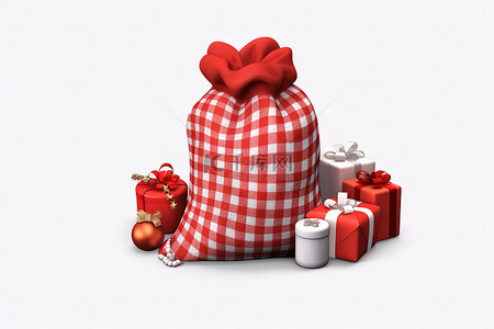 红色png背景图片_一个红色圣诞袋，里面装着礼物和装饰品PNG剪贴画