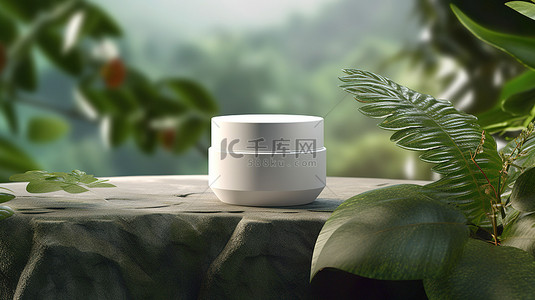 罐子背景图片_户外展示天然化妆品，配有白色空白罐子 3D 插图