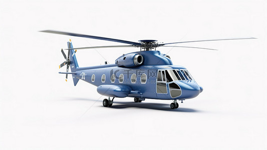 白色孤立背景上小型蓝色军用运输直升机的 3D 插图
