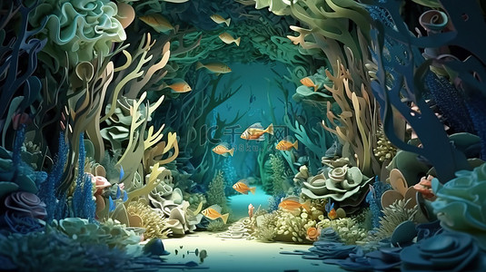 带有鱼石和藻类的深层水下海洞的 3D 渲染