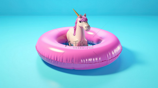 独角兽背景图片_双色调蓝色背景，带有搞笑充气粉色独角兽环的 3D 渲染，为夏季泳池带来乐趣