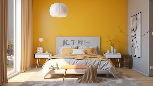 黄色主题卧室，带有 3D 渲染装饰风格