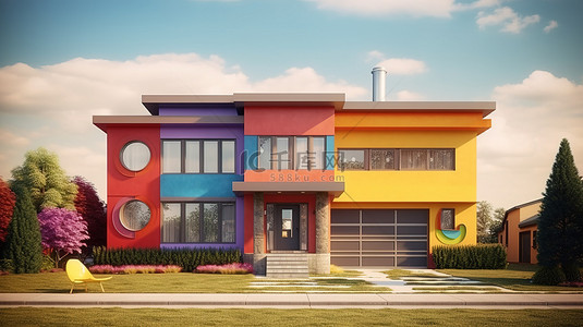色彩鲜艳的待售房屋 3D 渲染图像