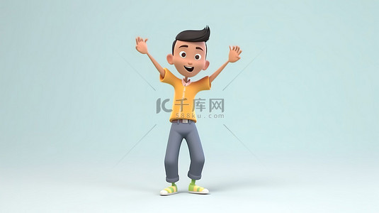正 3D 插图一个亚洲男性兴奋地举起双臂跳舞和跳跃