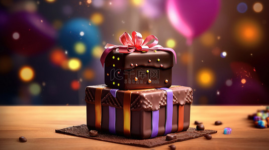 公司贺卡背景图片_欢乐生日庆祝活动的 3D 插图，包括美味的巧克力蛋糕和礼品盒