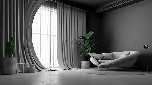时尚孟菲斯风格的室内设计，采用时尚的灰色墙壁和 3D 渲染的窗帘背景