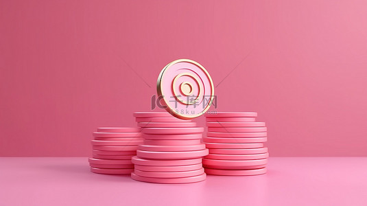 上升的硬币代表在粉红色 3D 渲染背景上实现企业储蓄目标的道路