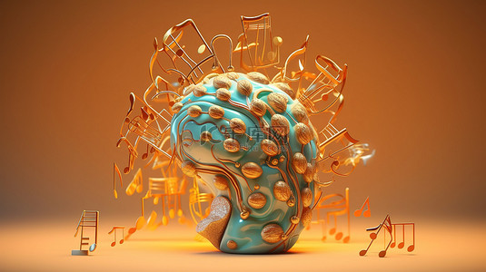 音乐个人背景图片_具有音符和复制空间的创意大脑的 3D 插图