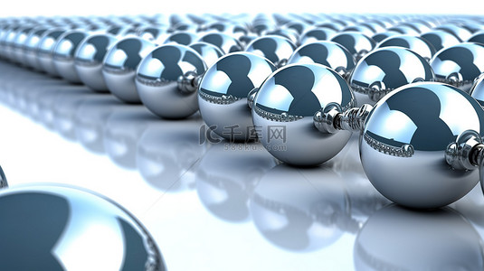 在 3D 渲染中可视化领导白色背景与行镀铬球体和蓝色箭头球体