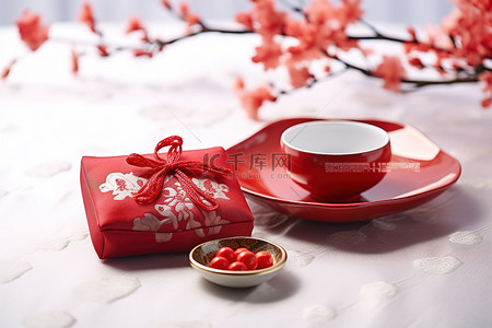樱花日本背景图片_红色中国礼品盒，樱花日本河北中国