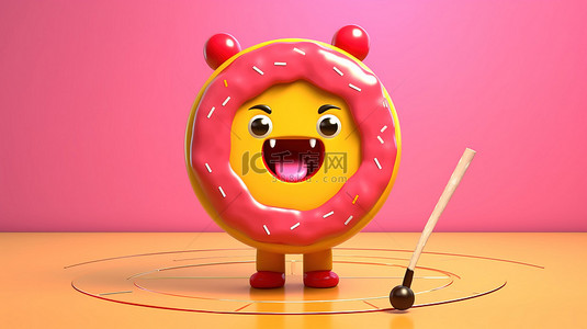 射箭主题的甜甜圈吉祥物，粉红色釉料，在阳光明媚的黄色背景 3D 渲染上拿着飞镖