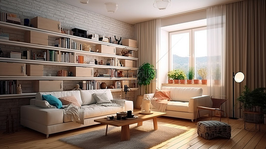 宜家背景图片_前卫客厅的创新设计 3D 渲染，配有宜家家具套装