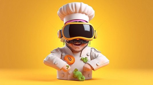 戴着虚拟现实耳机的厨师的搞笑 3D 渲染