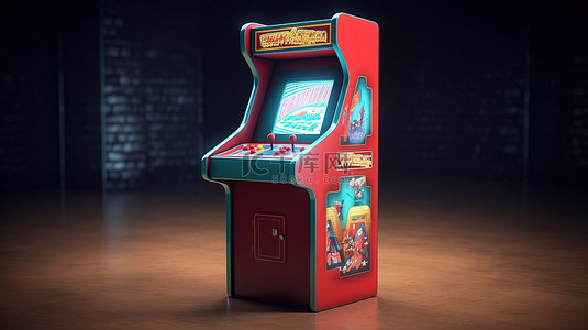套圈游戏背景图片_老式复古街机游戏柜 3D 渲染的站立玩家机