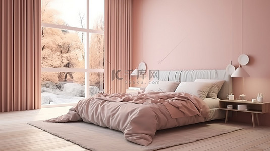 粉色房屋背景图片_卧室中显示的框架模型的 3D 渲染，配有柔软的粉色毯子