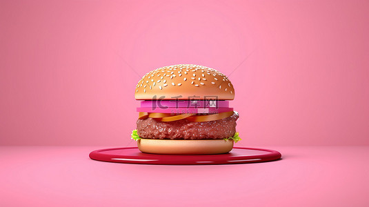 汉堡沙拉背景图片_匹配背景上简约粉色芝士汉堡的 3D 渲染