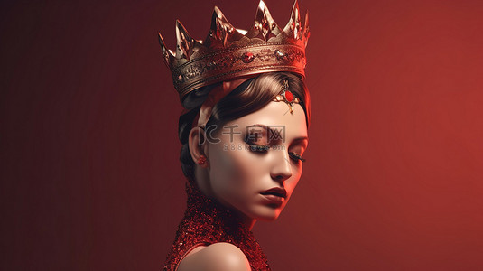 卡通时尚女士背景图片_皇家女王戴着皇冠，在彩色背景下的 3D 渲染插图中