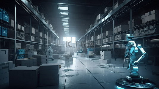 机械工厂背景图片_机器人控制在工厂工作的 3D 渲染仓库机器人