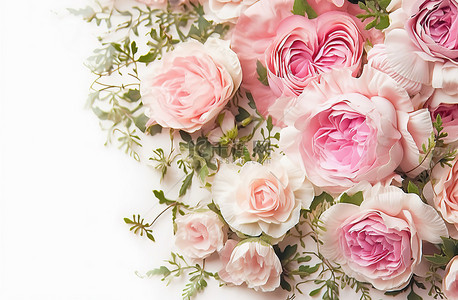 白色背景上的一束粉色和白色玫瑰