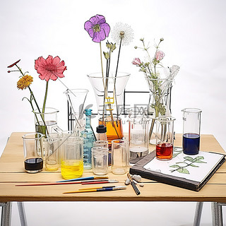 桌子背景图片_一张桌子，上面放着鲜花和各种科学工具