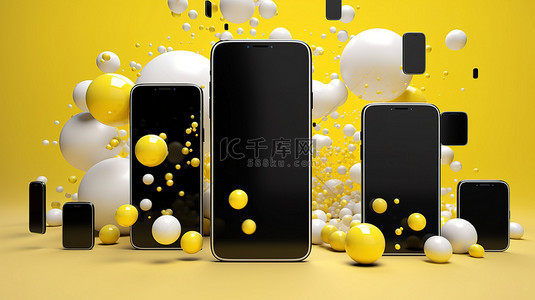 流行艺术风格的各种智能手机漂浮在黄色光滑的气泡中，屏幕空白，非常适合广告和社交网络概念