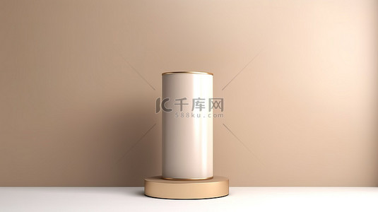 窗帘广告背景图片_米色圆柱基座的 3D 渲染，用于在白色窗帘旁边展示产品或广告
