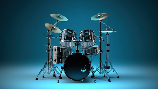 蓝色背景下专业摇滚乐手黑色鼓套件的 3D 渲染