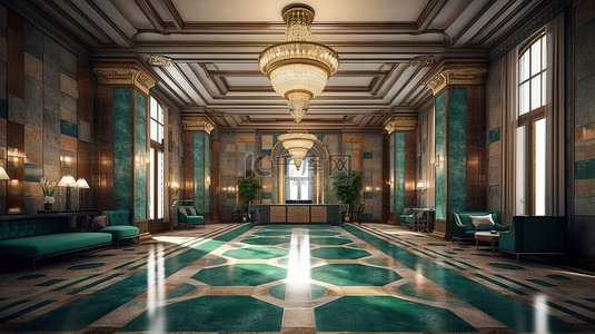 豪华的装饰艺术家具和马赛克瓷砖大厅装饰古典风格的酒店大堂 3D 渲染