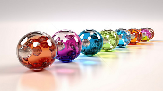 连接玻璃球内的彩色球体 3d 渲染在白色