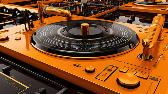 玩大转盘背景图片_橙色主题工作室，配有单色 dj 转盘混音器设备 3D 渲染