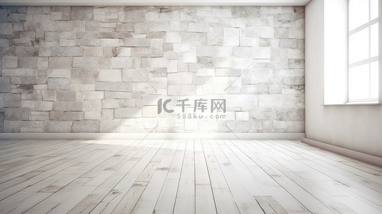 泥地背景图片_空荡荡的房间里白色石墙和木板地板的极端特写 3D 渲染