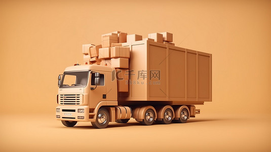 公司运输和装运箱的 3D 渲染装载在卡车上用于产品交付