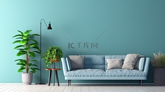 客厅家具和蓝色墙壁纹理的现代舒适 3D 渲染