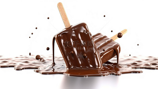 美味的巧克力味冰淇淋棒融化在干净的白色表面 3D 渲染上