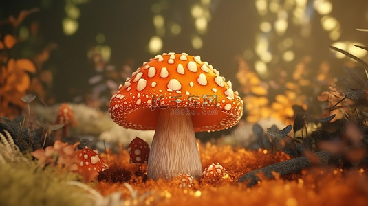卡通森林元素背景图片_带有橙色点的秋季蘑菇自然季节主题的 3D 渲染插图