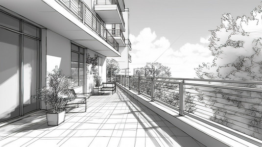 建筑素描中的阳台和室外区域插图