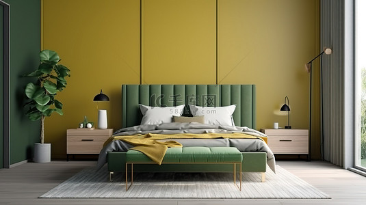 时尚的卧室模拟，采用清新的绿色调，配有别致的床和充满活力的黄色坐垫凳