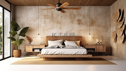 现代热带风格卧室的 3D 渲染，配有模拟家具装饰