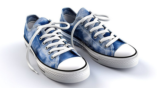 新设计的蓝色牛仔运动鞋，没有品牌，在 3D 渲染的白色背景上分层排列