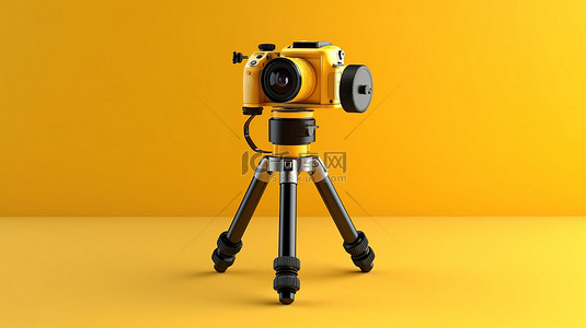 摄像视频背景图片_三脚架系统的 3D 渲染，用于在亮黄色背景上使用单反相机或摄像机进行稳定拍摄