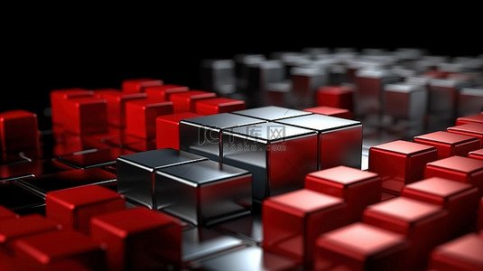 黑色背景上完美方形排列的银色和红色立方体 3D 渲染