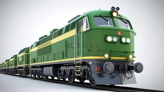 卡通列车背景图片_时尚而强大的绿色现代柴油机车能够轻松牵引重型铁路列车 3D 渲染