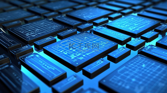 数据电子科技背景图片_尖端计算机服务器设计蓝键硅晶圆与微芯片 cpu 的 3d 渲染极端特写
