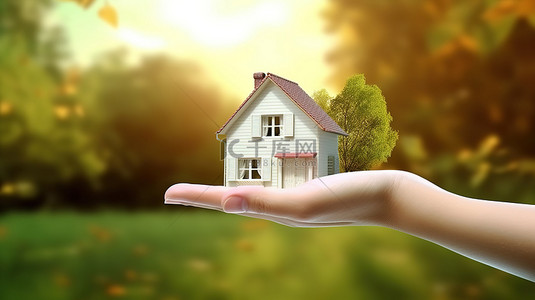 房地产背景图片_3d 手拥抱房地产住房所有权投资抵押贷款购买优惠和贷款