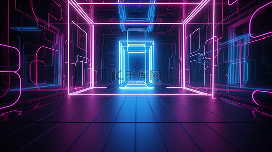 具有未来感的 3D 渲染背景，具有霓虹蓝色和粉红色线框地板和照明柱子